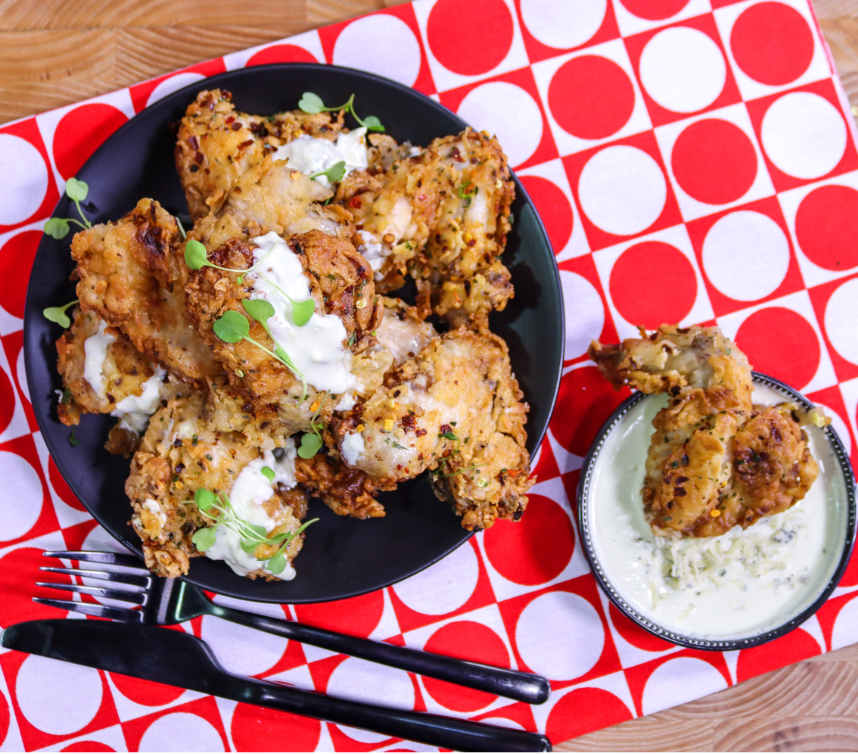 Crispy Chilli Chicken Wings with Blue Cheese Mayo