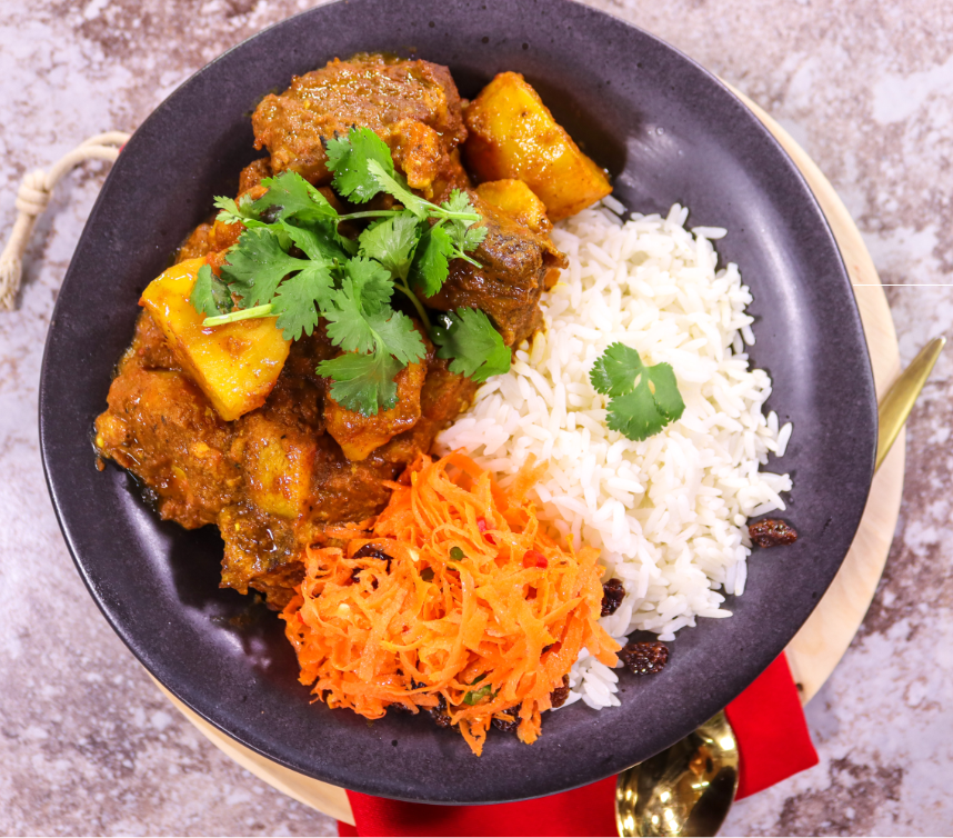 Mother-in-law Beef curry with rice and carrot salad