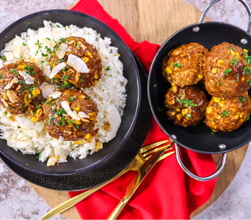 Rice and Beef Meatballs in BBQ honey sauce, with coconut rice