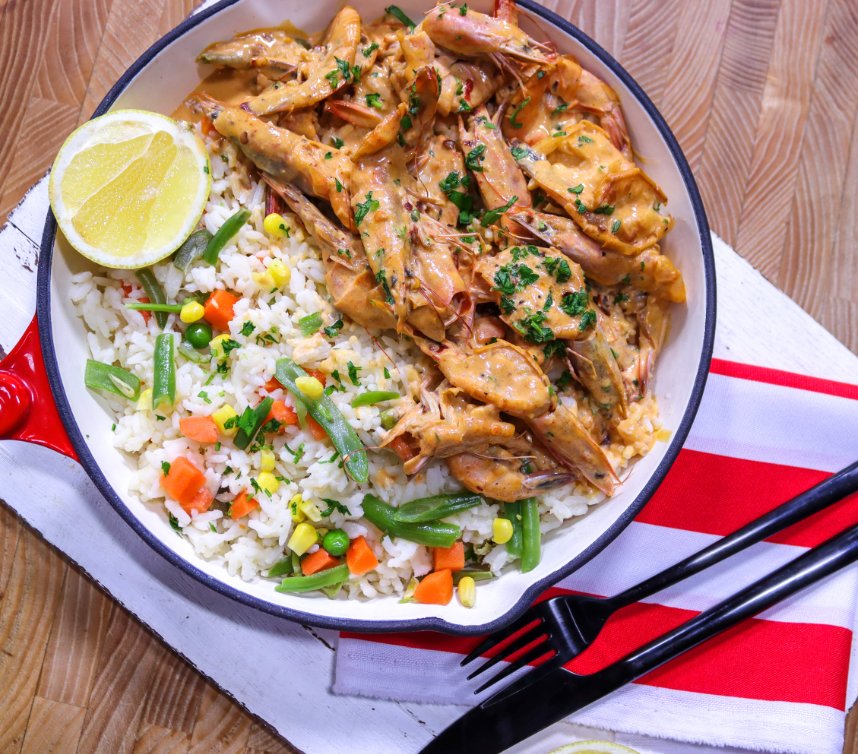 Grilled Lemon Garlic Prawns, Butter Rice and Green Salad