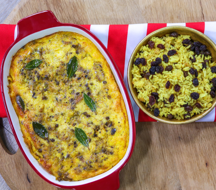 Sardine Bobotie with Yellow Rice