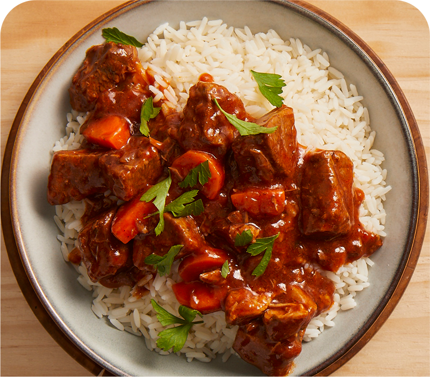 Hearty Beef Stew with 
                Fluffy Steamed Rice